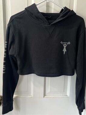 Tuff Athletics Black Cropped Hoodie with Weightlifting Icon